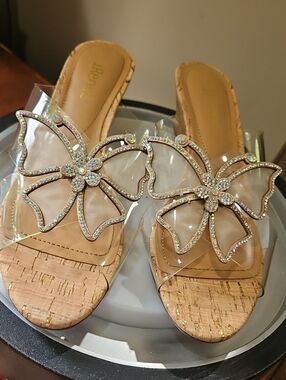 J.Renee Tan Cork-Style Slide Sandals with Crystal Butterfly Accent